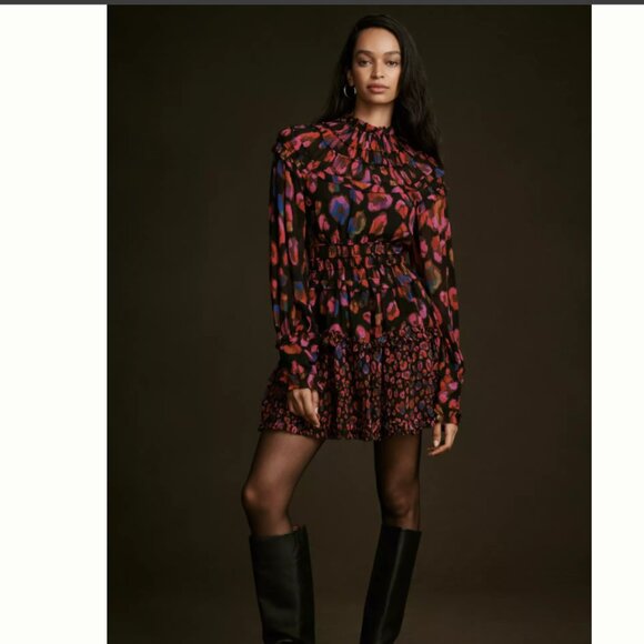 NWT FARM Rio Iridescent Leopard Print Ruffled Mini Dress Black Smocked Neck XXS - Picture 1 of 4